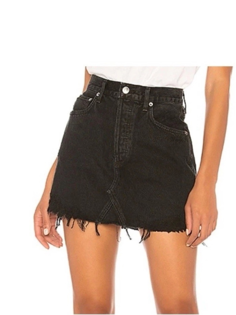 Agolde Black Denim Mini Skirt High Rise Raw Frayed Hem Sz 29